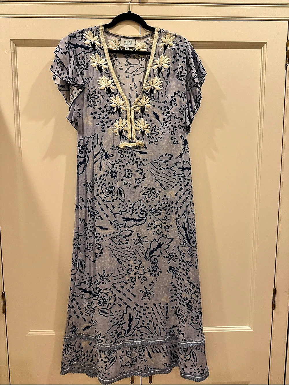 TAJ by Sabrina Crippa Floral Embroidered Maxi Dress in Blue & Gray Size XS Like
